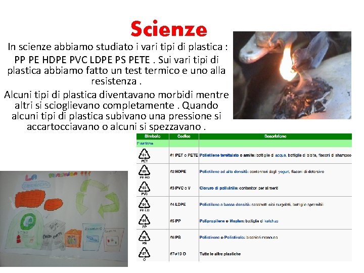 Scienze In scienze abbiamo studiato i vari tipi di plastica : PP PE HDPE