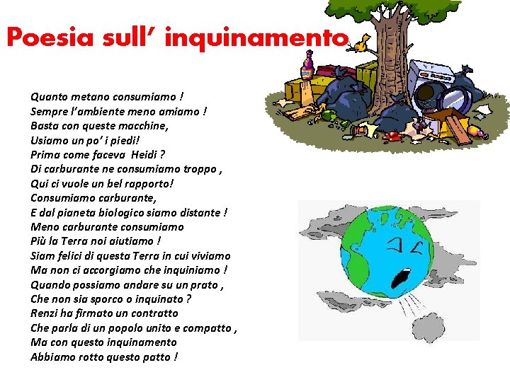 Poesia sull’ inquinamento Quanto metano consumiamo ! Sempre l’ambiente meno amiamo ! Basta con