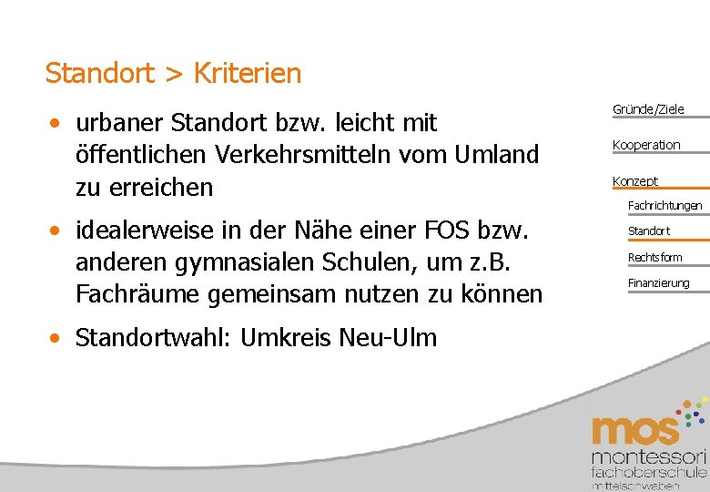 Standort > Kriterien • urbaner Standort bzw. leicht mit öffentlichen Verkehrsmitteln vom Umland zu