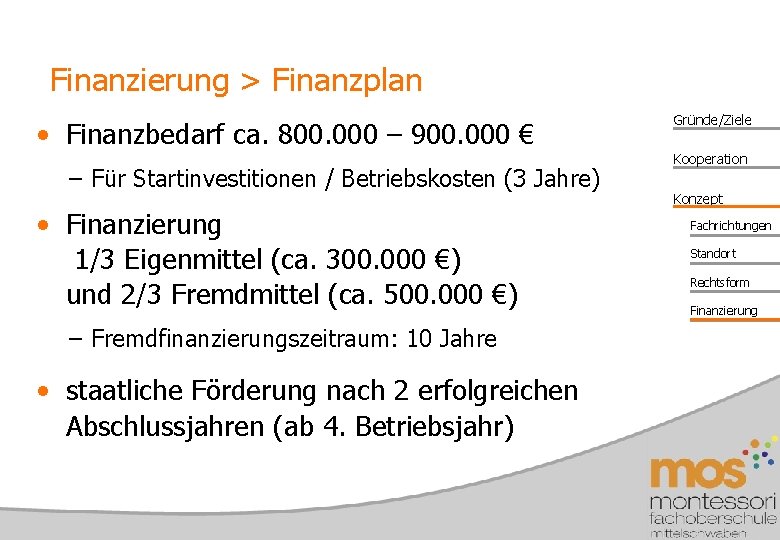 Finanzierung > Finanzplan • Finanzbedarf ca. 800. 000 – 900. 000 € – Für