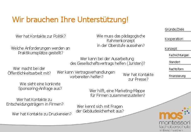 Wir brauchen Ihre Unterstützung! Gründe/Ziele Wie muss das pädagogische Rahmenkonzept in der Oberstufe aussehen?