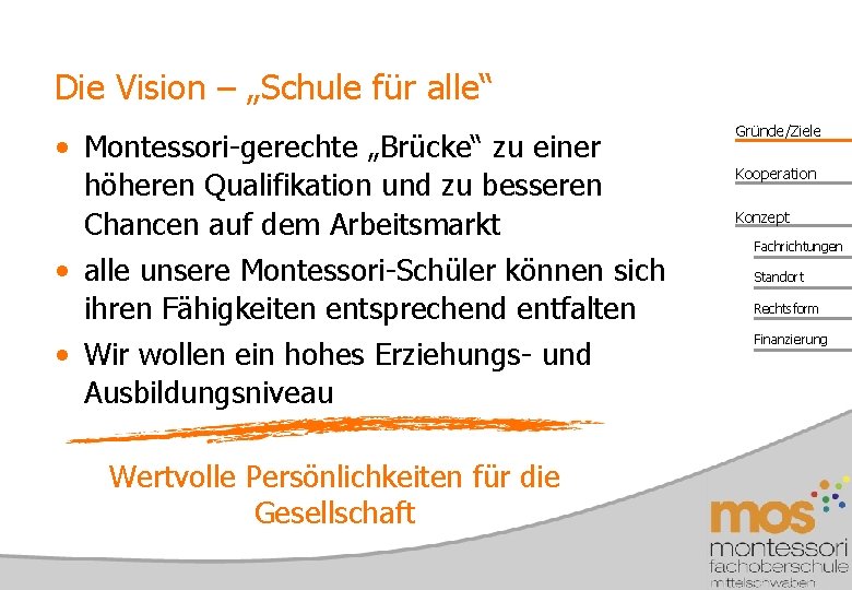 Die Vision – „Schule für alle“ • Montessori-gerechte „Brücke“ zu einer höheren Qualifikation und