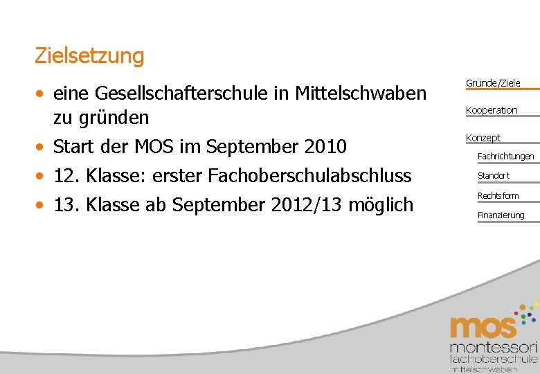 Zielsetzung • eine Gesellschafterschule in Mittelschwaben zu gründen • Start der MOS im September