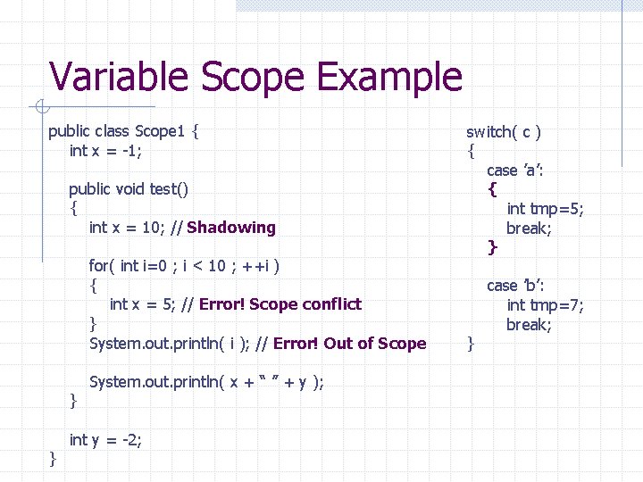 Variable Scope Example public class Scope 1 { int x = -1; public void