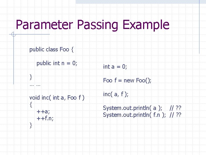 Parameter Passing Example public class Foo { public int n = 0; } ……