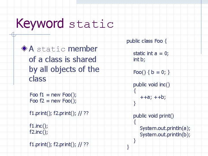 Keyword static A static member of a class is shared by all objects of