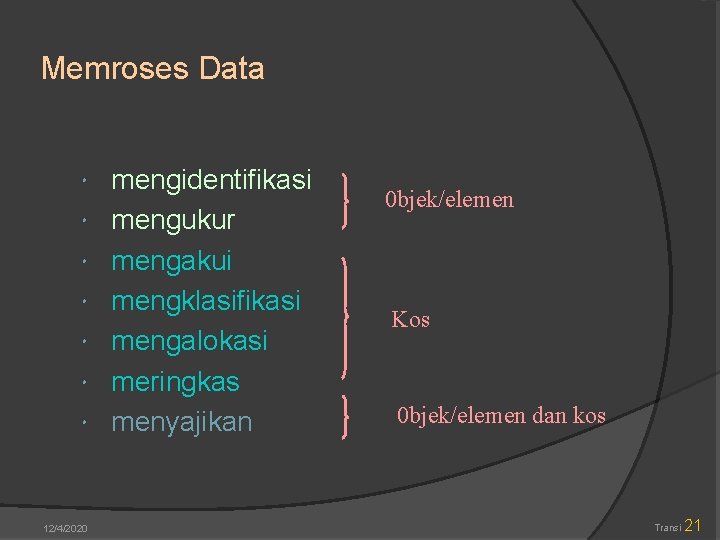 Memroses Data 12/4/2020 mengidentifikasi mengukur mengakui mengklasifikasi mengalokasi meringkas menyajikan 0 bjek/elemen Kos 0