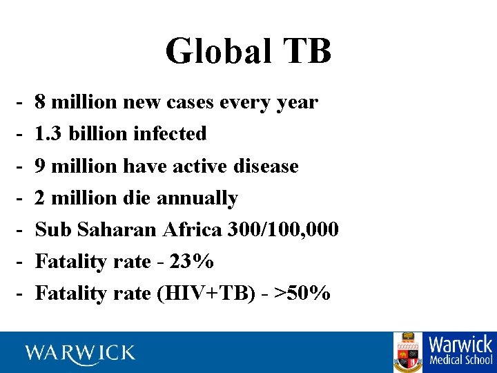 Global TB - 8 million new cases every year 1. 3 billion infected 9