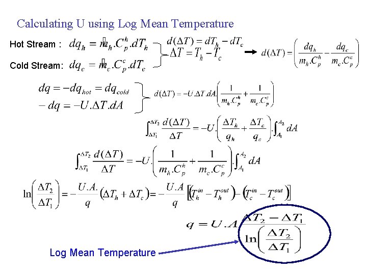 Calculating U using Log Mean Temperature Hot Stream : Cold Stream: Log Mean Temperature