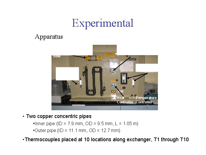 Experimental Apparatus Switch for concurrent and countercurrent flow Cold Flow rotameter Temperature Indicator Hot