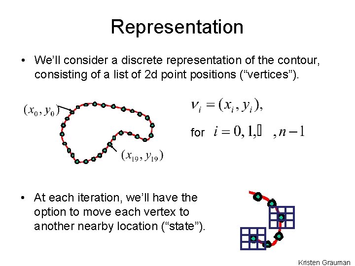 Representation • We’ll consider a discrete representation of the contour, consisting of a list