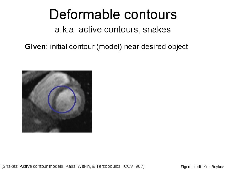 Deformable contours a. k. a. active contours, snakes Given: initial contour (model) near desired