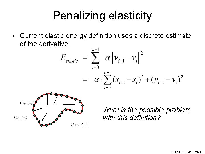 Penalizing elasticity • Current elastic energy definition uses a discrete estimate of the derivative: