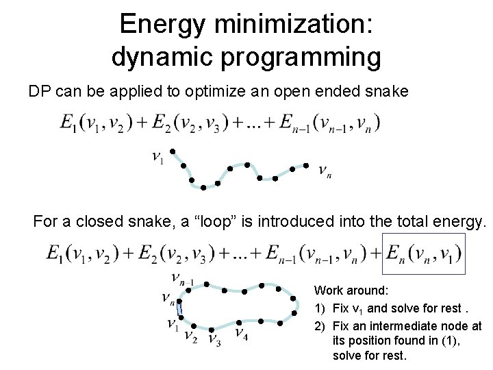 Energy minimization: dynamic programming DP can be applied to optimize an open ended snake