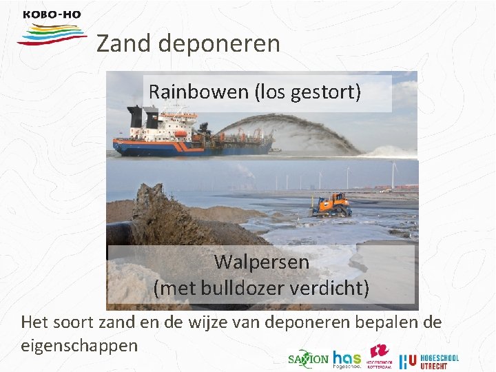 Zand deponeren Rainbowen (los gestort) Walpersen (met bulldozer verdicht) Het soort zand en de
