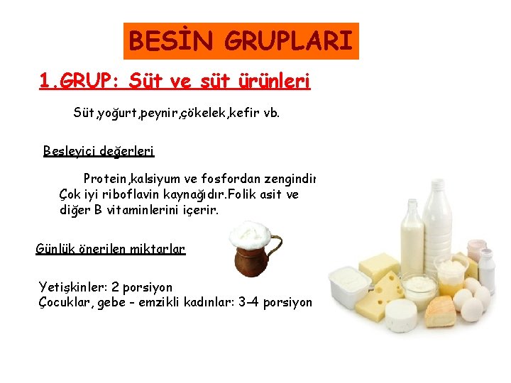 BESİN GRUPLARI 1. GRUP: Süt ve süt ürünleri Süt, yoğurt, peynir, çökelek, kefir vb.