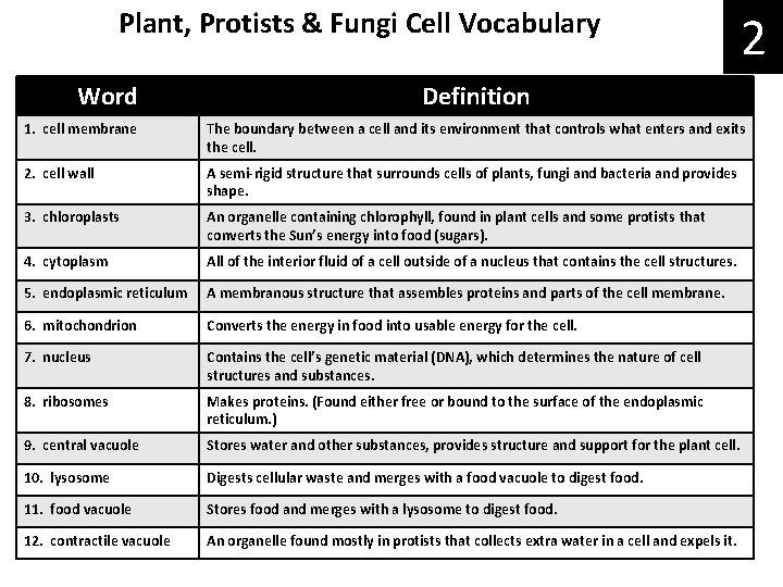 Plant, Protists & Fungi Cell Vocabulary Word 2 Definition 1. cell membrane The boundary