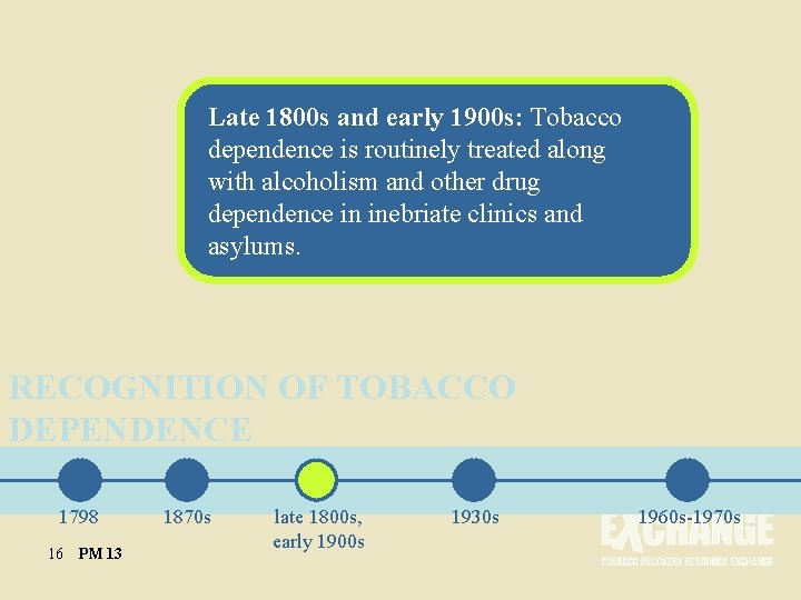 Late 1800 s and early 1900 s: Tobacco dependence is routinely treated along with