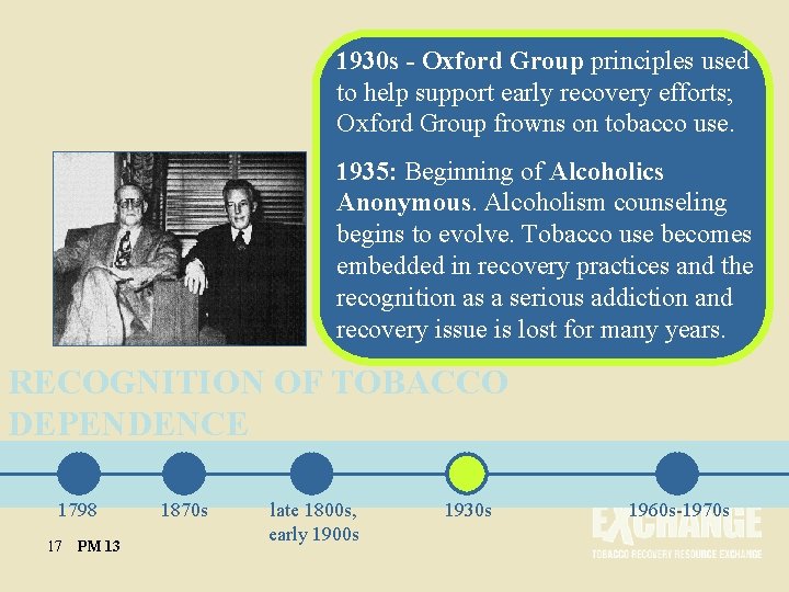1930 s - Oxford Group principles used to help support early recovery efforts; Oxford