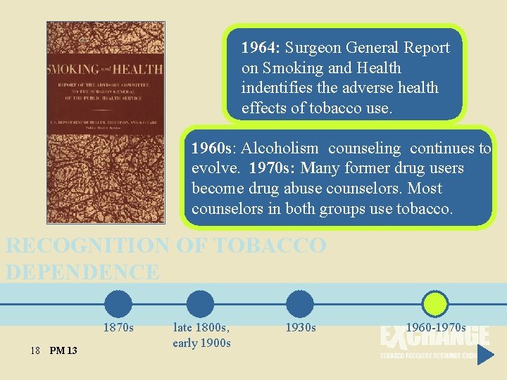 1964: Surgeon General Report on Smoking and Health indentifies the adverse health effects of