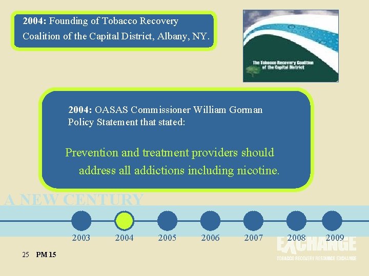 2004: Founding of Tobacco Recovery Coalition of the Capital District, Albany, NY. 2004: OASAS