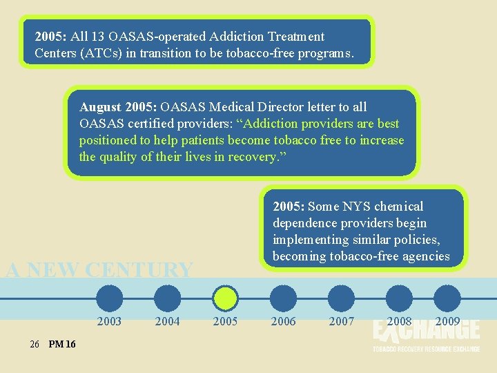 2005: All 13 OASAS-operated Addiction Treatment Centers (ATCs) in transition to be tobacco-free programs.