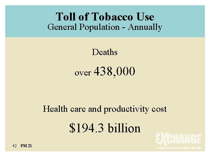 Toll of Tobacco Use General Population - Annually Deaths over 438, 000 Health care