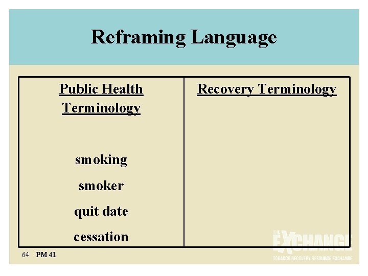 Reframing Language Public Health Terminology smoking smoker quit date cessation 64 PM 41 Recovery