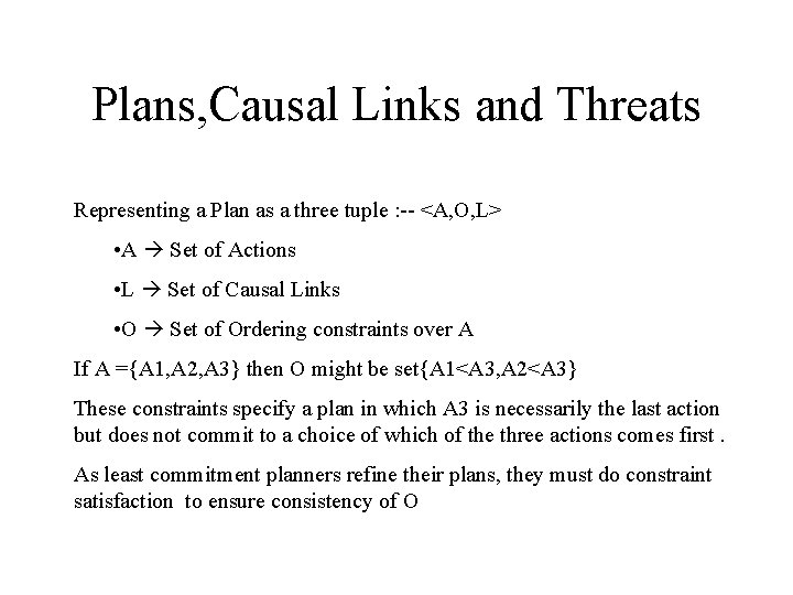 Plans, Causal Links and Threats Representing a Plan as a three tuple : --