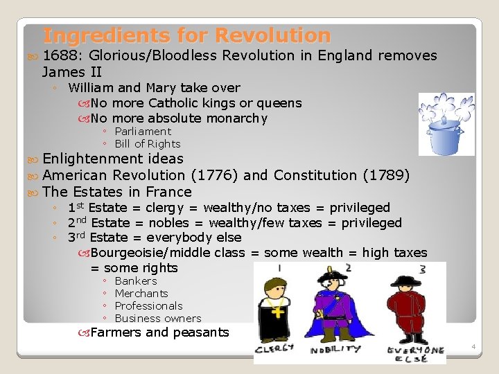 Ingredients for Revolution 1688: Glorious/Bloodless Revolution in England removes James II ◦ William and
