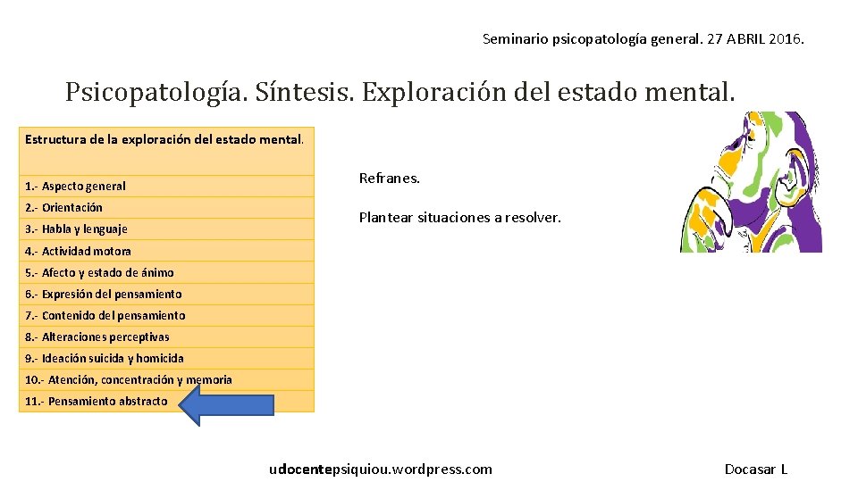 Seminario psicopatología general. 27 ABRIL 2016. Psicopatología. Síntesis. Exploración del estado mental. Estructura de