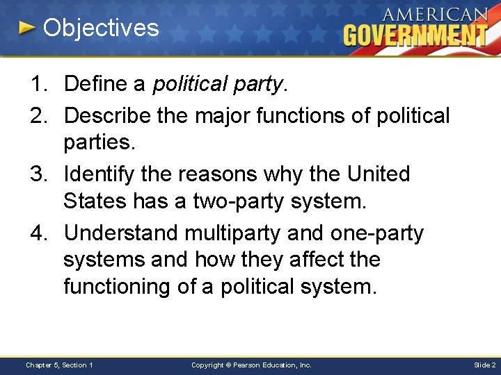 Objectives 1. Define a political party. 2. Describe the major functions of political parties.
