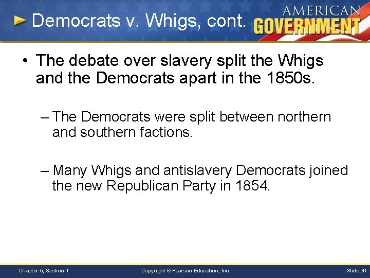Democrats v. Whigs, cont. • The debate over slavery split the Whigs and the