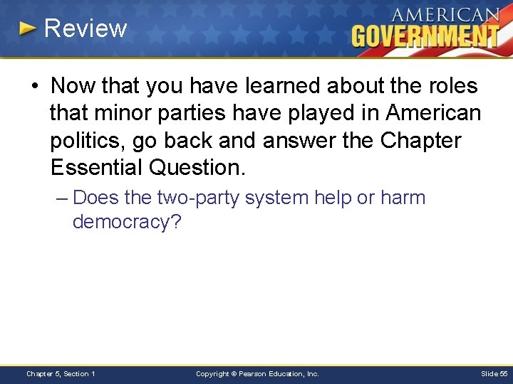 Review • Now that you have learned about the roles that minor parties have