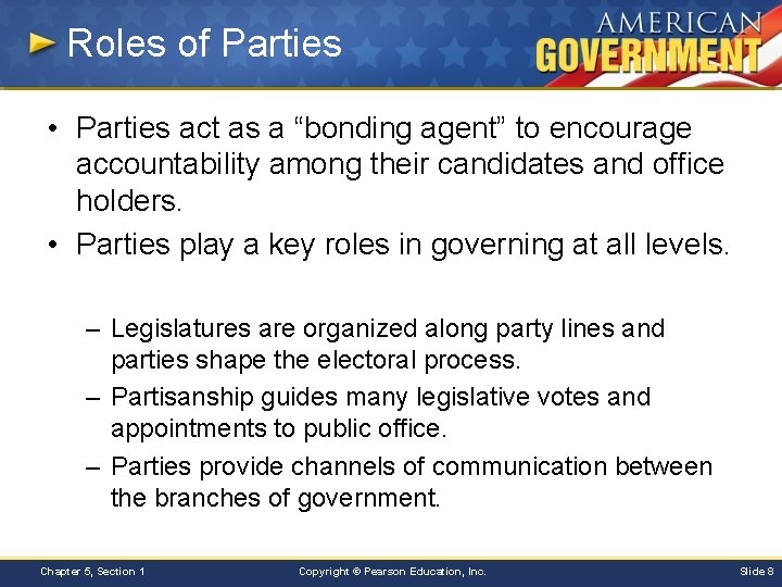 Roles of Parties • Parties act as a “bonding agent” to encourage accountability among