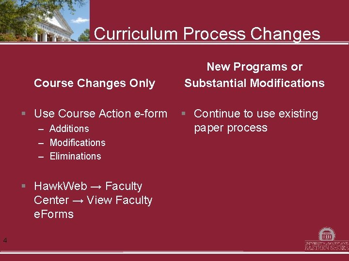  Curriculum Process Changes Course Changes Only § Use Course Action e-form – Additions