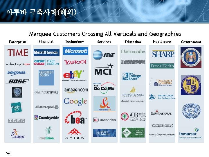 아루바 구축사례(해외) Marquee Customers Crossing All Verticals and Geographies Enterprise Page Financial Technology Services