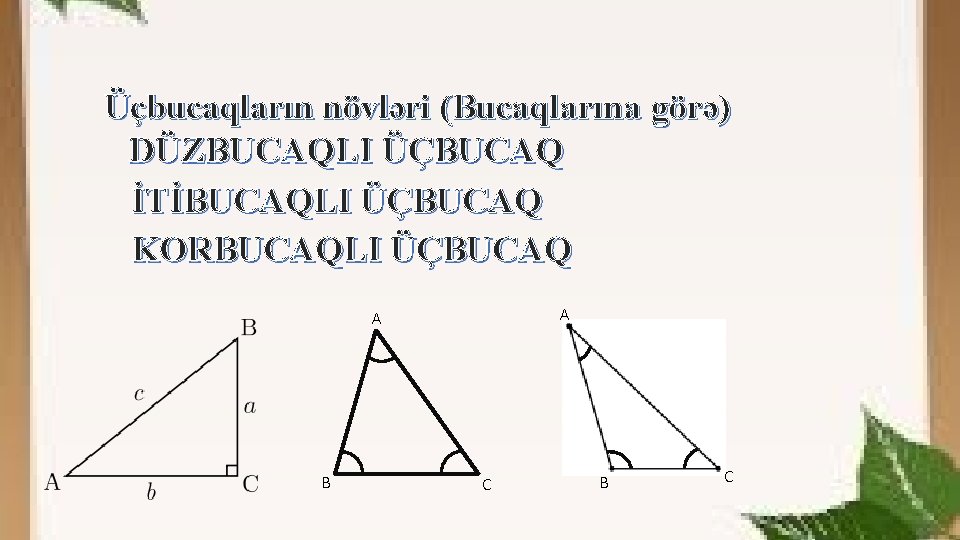 Üçbucaqların növləri (Bucaqlarına görə) DÜZBUCAQLI ÜÇBUCAQ İTİBUCAQLI ÜÇBUCAQ KORBUCAQLI ÜÇBUCAQ A A B C