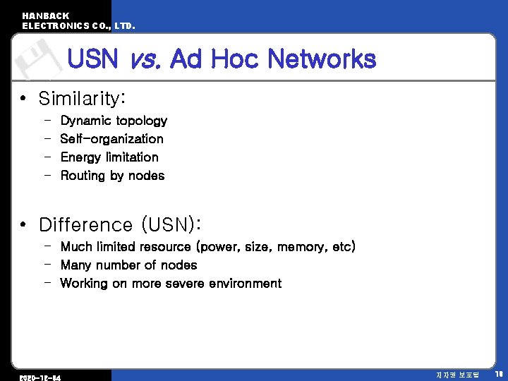 HANBACK ELECTRONICS CO. , LTD. USN vs. Ad Hoc Networks • Similarity: – –