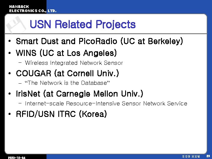 HANBACK ELECTRONICS CO. , LTD. USN Related Projects • Smart Dust and Pico. Radio