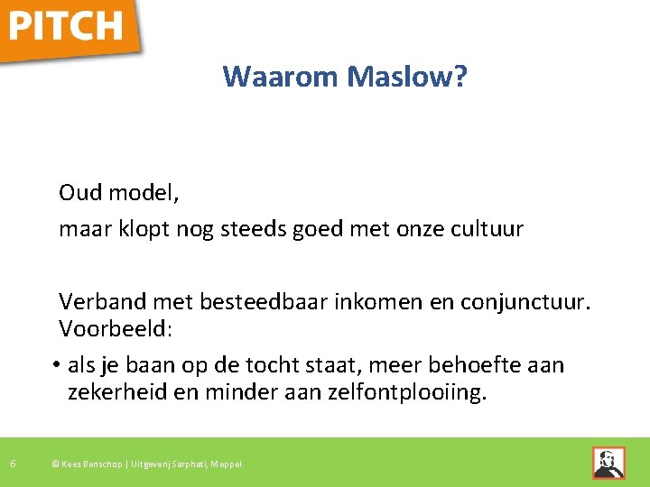 Waarom Maslow? Oud model, maar klopt nog steeds goed met onze cultuur Verband met