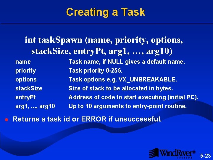 Creating a Task int task. Spawn (name, priority, options, stack. Size, entry. Pt, arg