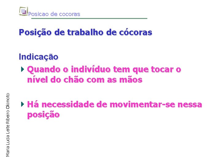 Posicao de cocoras Posição de trabalho de cócoras Maria Lucia Leite Ribeiro Okimoto Indicação