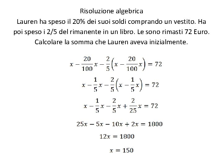 Risoluzione algebrica Lauren ha speso il 20% dei suoi soldi comprando un vestito. Ha