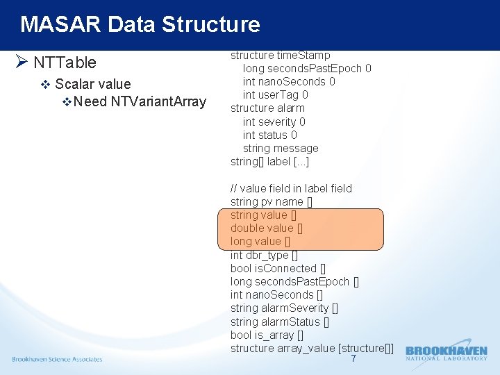 MASAR Data Structure Ø NTTable v Scalar value v Need NTVariant. Array structure time.