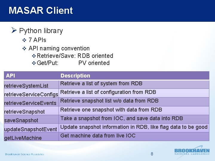 MASAR Client Ø Python library v 7 APIs v API naming convention v Retrieve/Save: