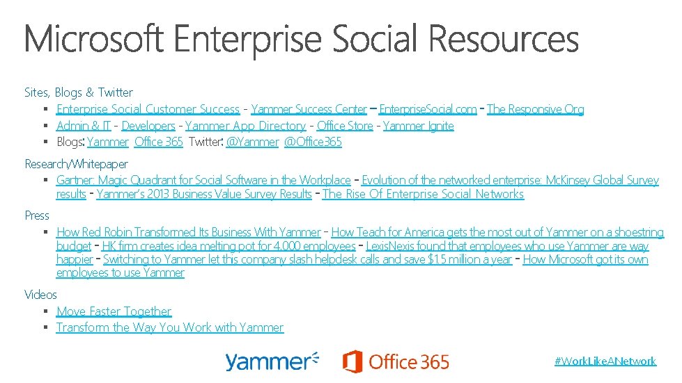 Sites, Blogs & Twitter § Enterprise Social Customer Success - Yammer Success Center Enterprise.