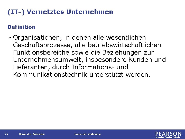 (IT-) Vernetztes Unternehmen Definition • 21 Organisationen, in denen alle wesentlichen Geschäftsprozesse, alle betriebswirtschaftlichen