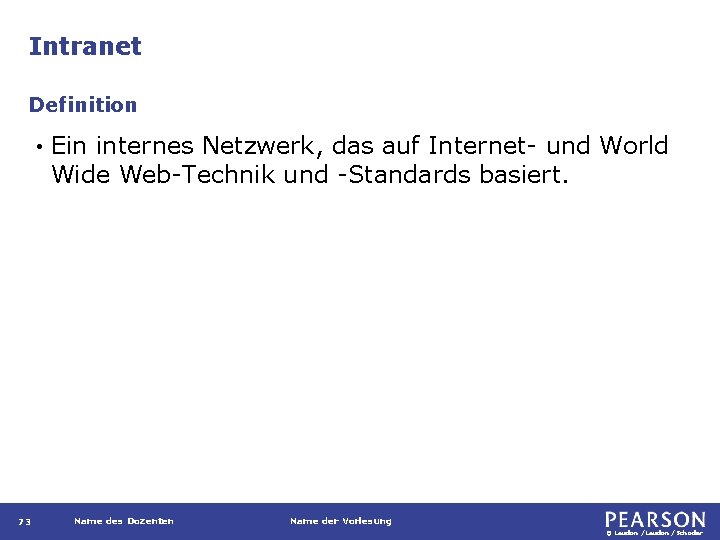 Intranet Definition • 73 Ein internes Netzwerk, das auf Internet- und World Wide Web-Technik
