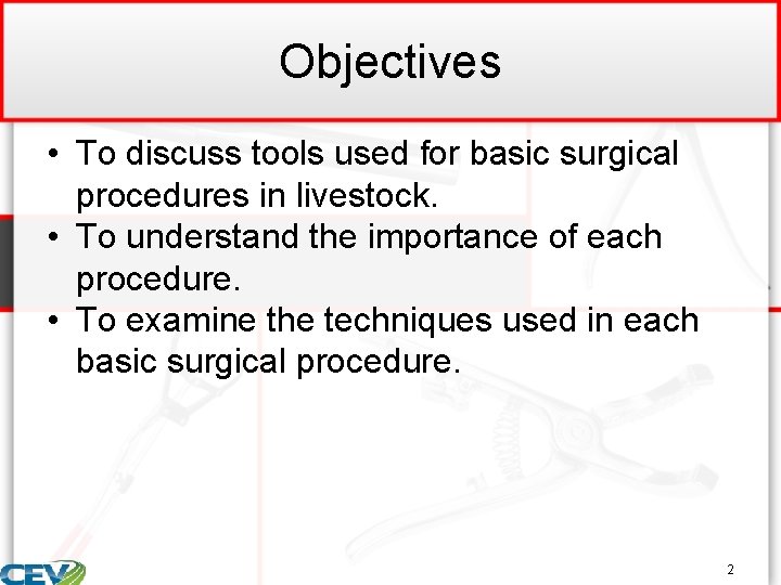 Objectives • To discuss tools used for basic surgical procedures in livestock. • To